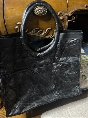 Black, rich genuine Leather Tote Bag. New. Large and roomy